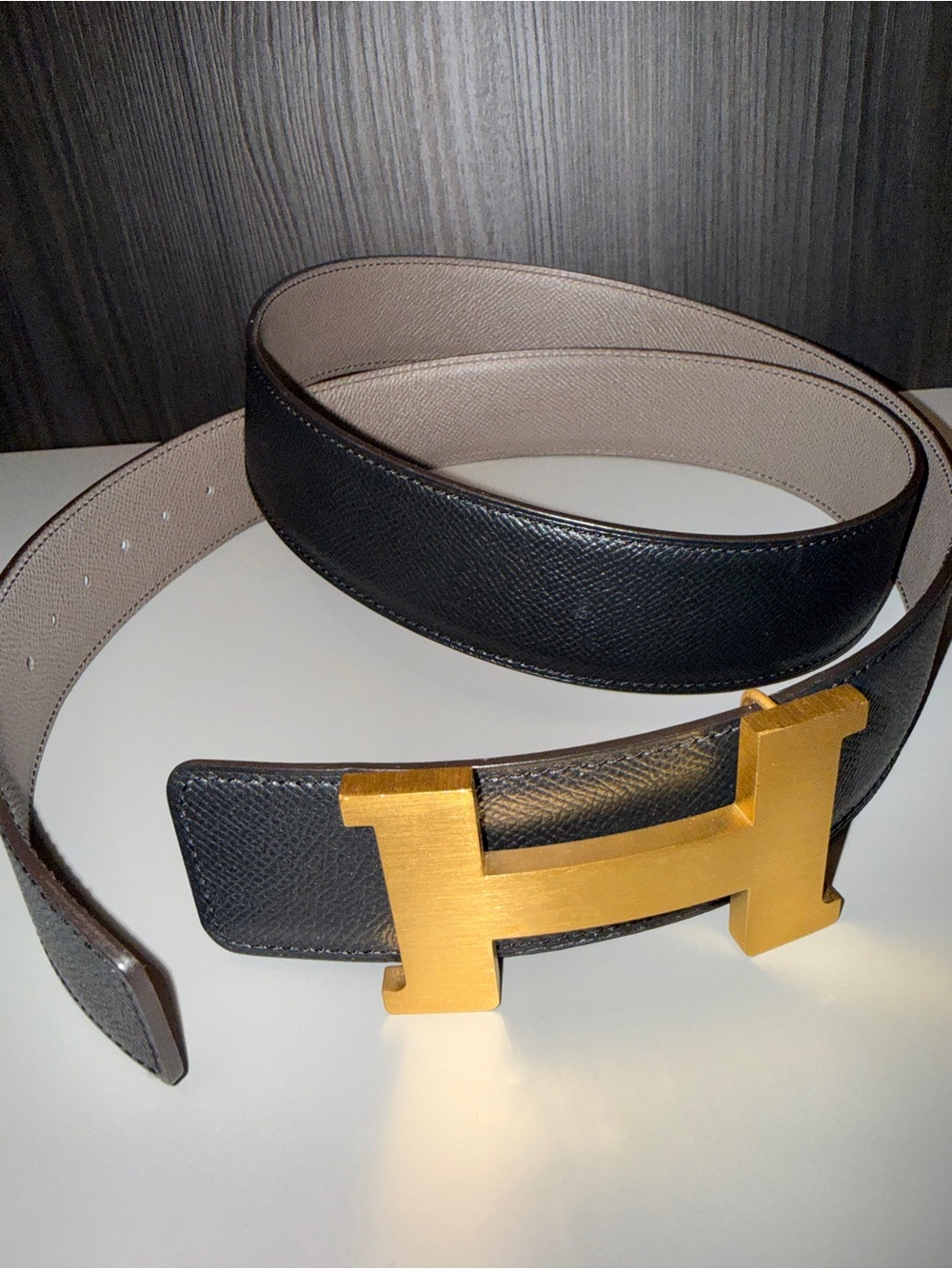 Hermes Black and Beige Reversible Leather Belt with Gold H Buckle